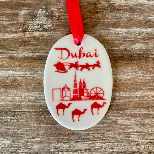 NEW - Dubai / Abu Dhabi Skyline Oval Ceramic Tree Decoration