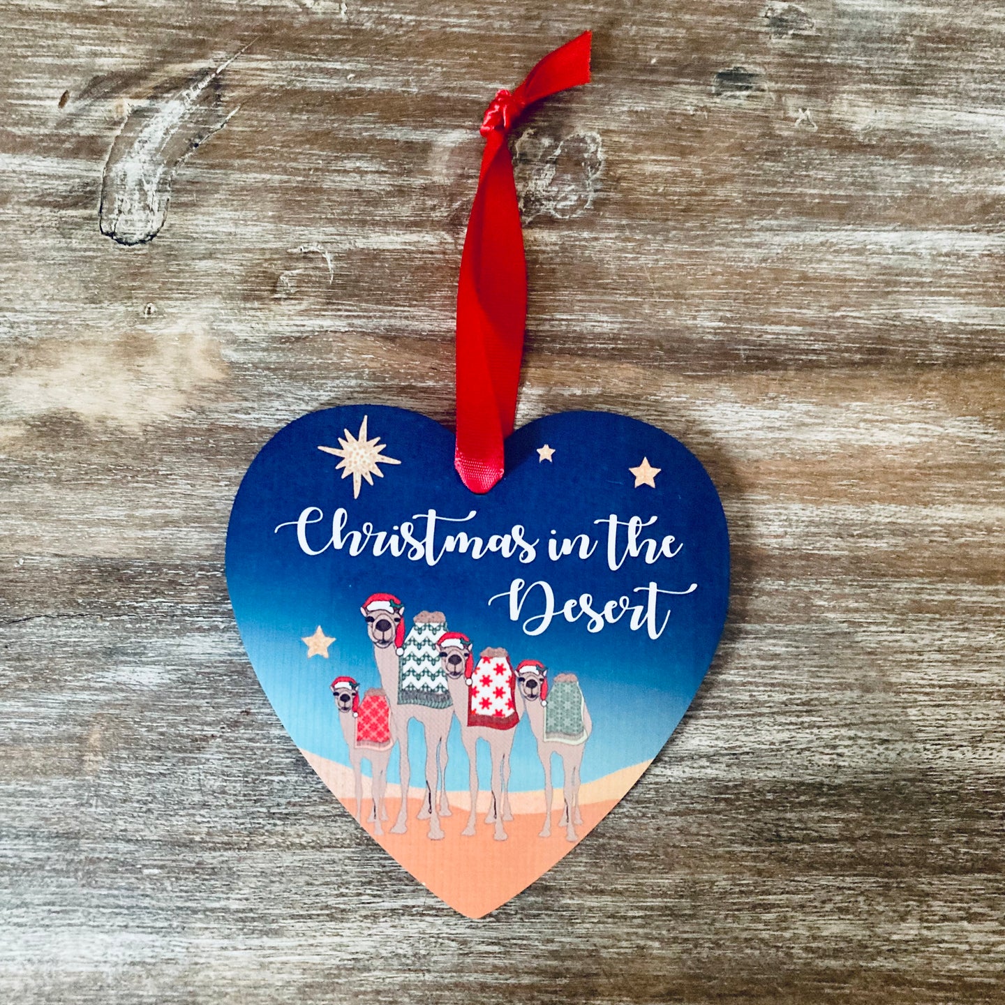 Christmas in the Desert Night Heart Wooden Tree Decoration